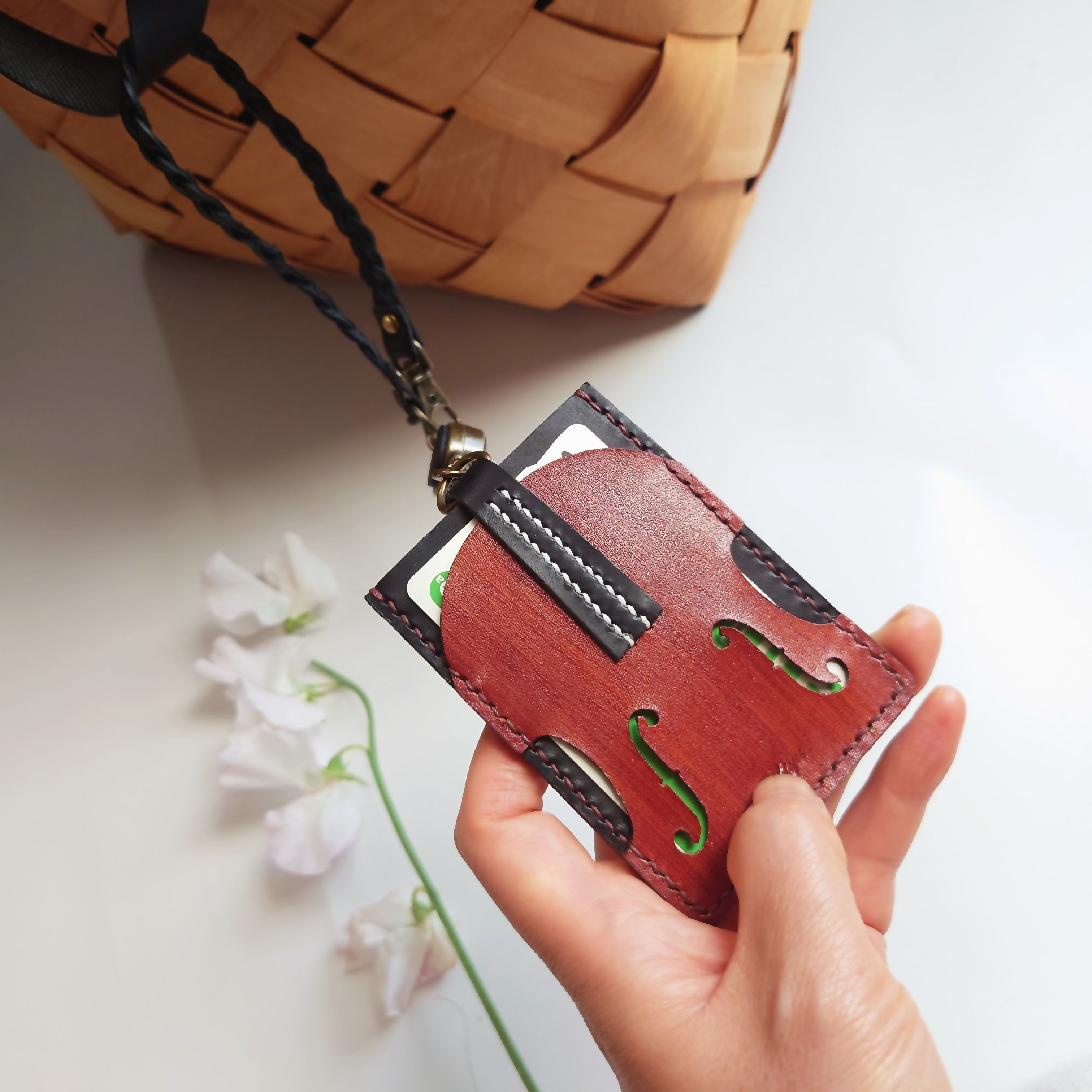 【名入れ】【バイオリン・チェロ・コントラバス】パスケース【カード2枚収納】リール＆ロープ付※袋ラッピング無料