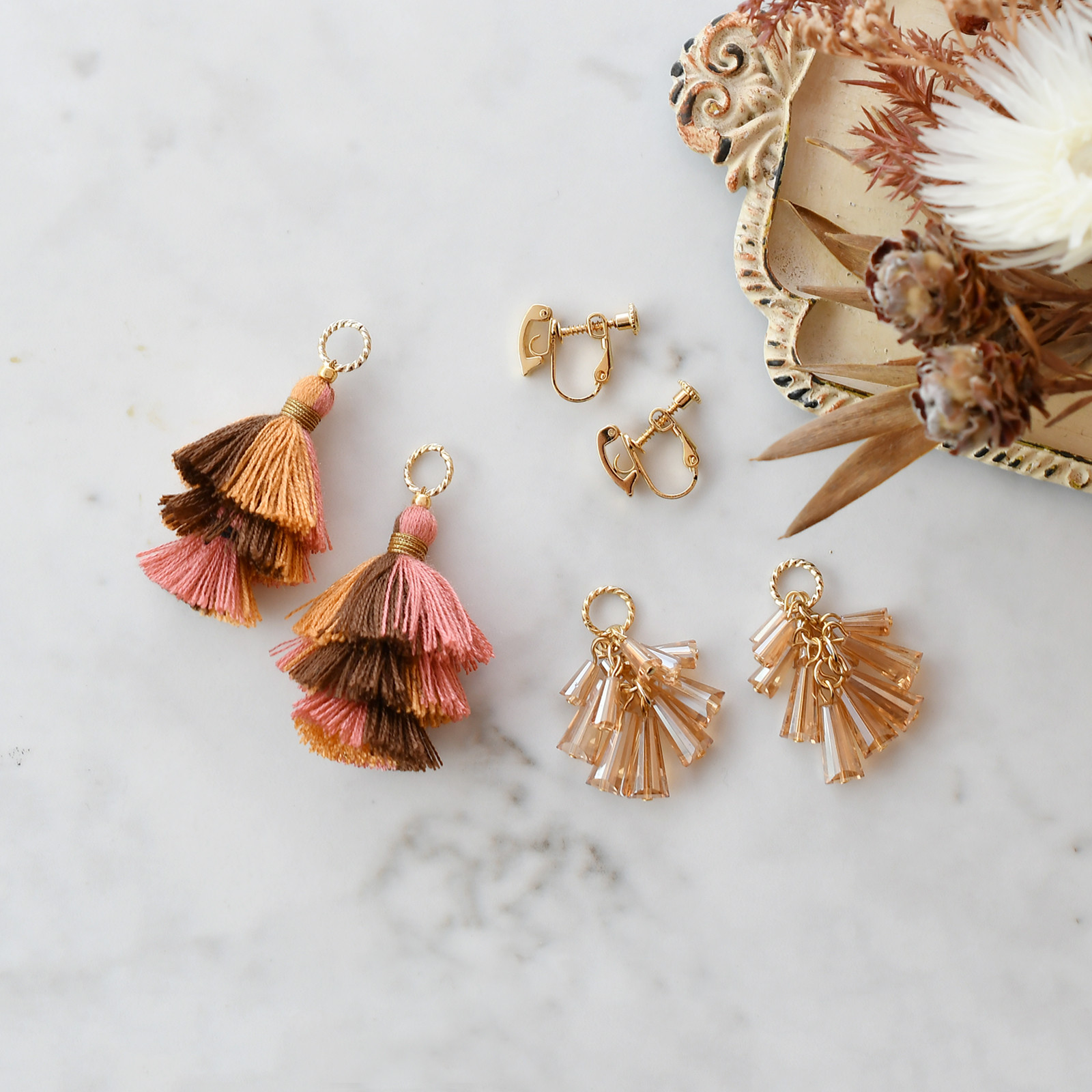 3WAY つけかえタッセルのピアス・イヤリング/Orange Pink